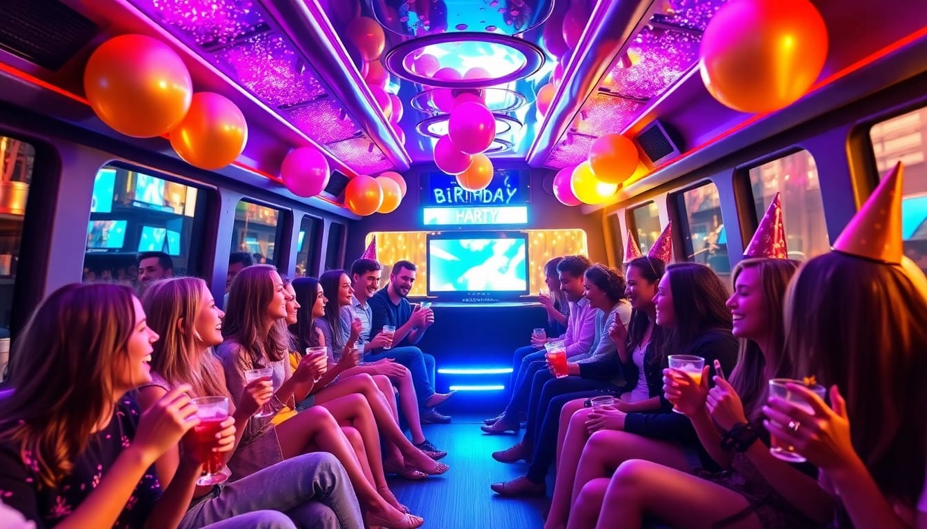 Experience the festive ambiance inside Party-Bus.co.uk, with vibrant LED lighting and joyful guests celebrating.