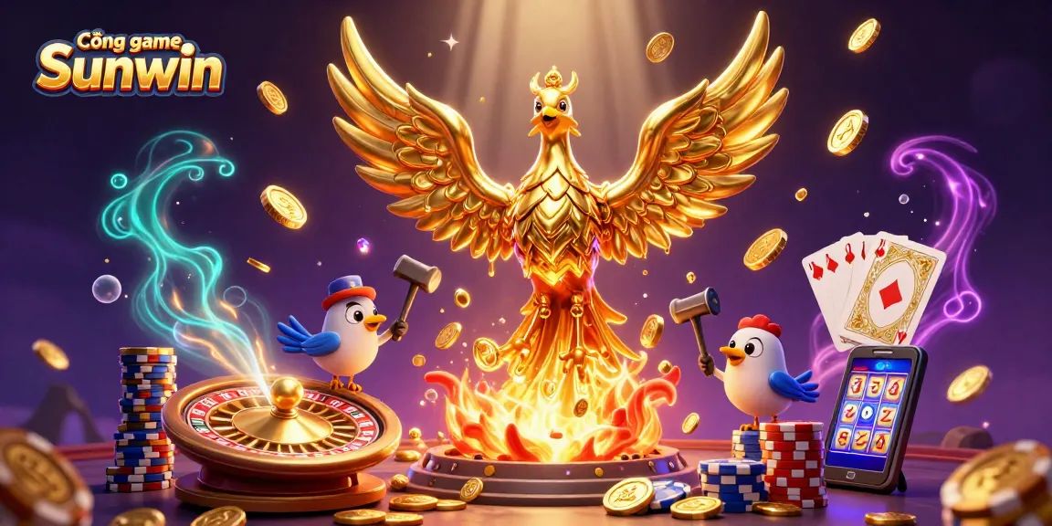 Cổng game Sunwin offers thrilling gaming experiences with golden phoenix, coins, and casino elements swirling dynamically around.
