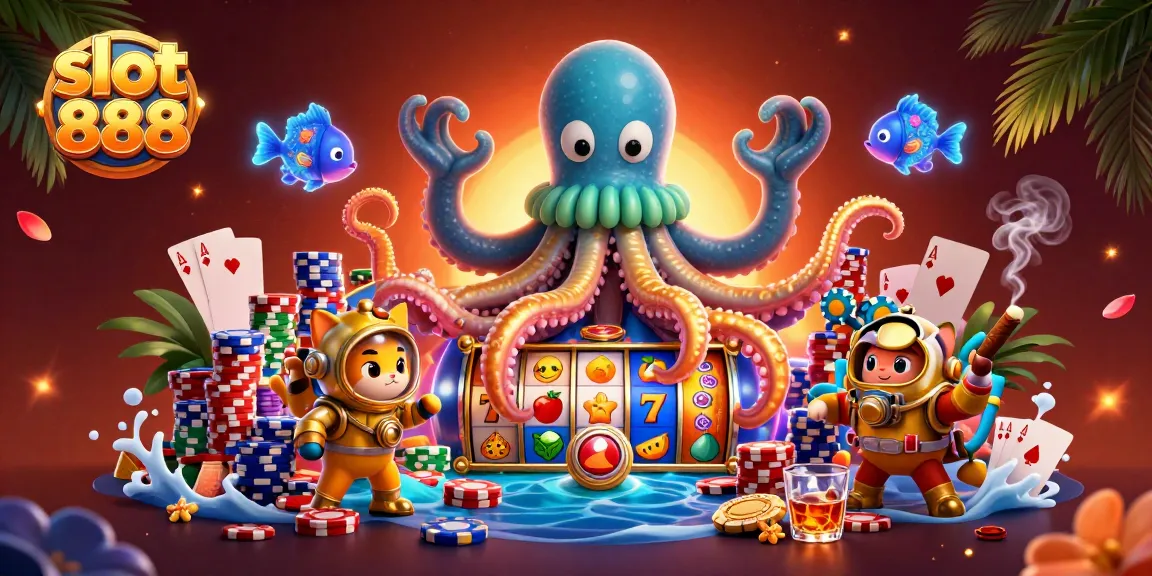 Experience the excitement of slot 888 with vibrant 3D visuals of colossal kraken and diving cat.