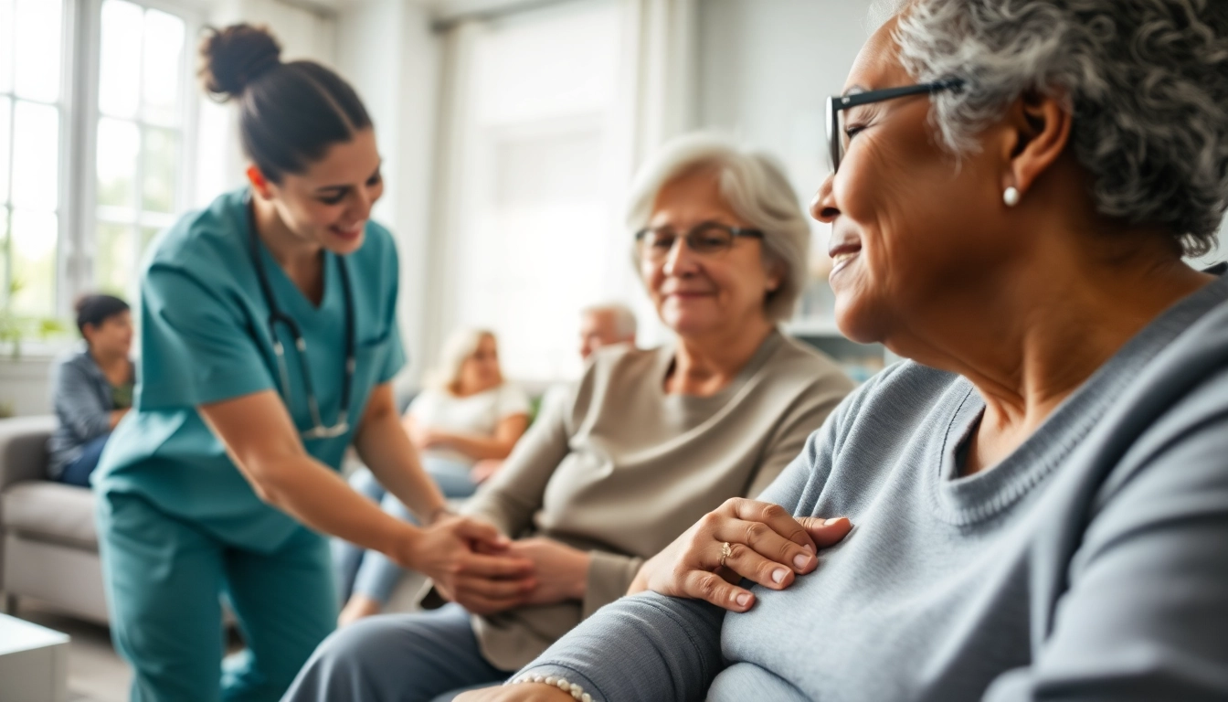 Caring professionals delivering in home health care near me to seniors in a warm and inviting living room.