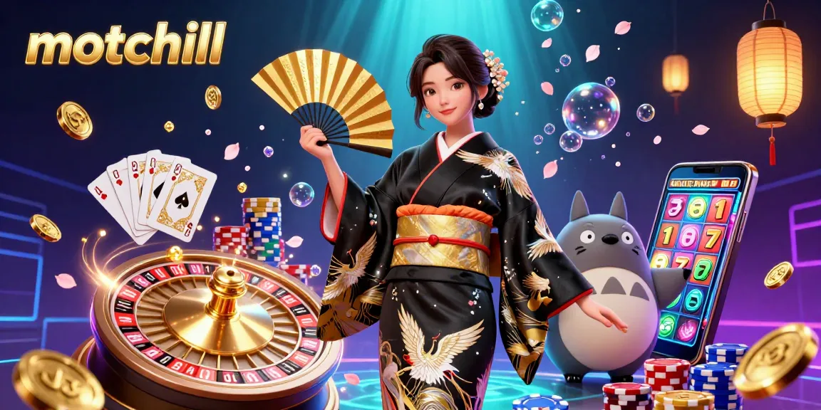 Experience thrilling gameplay with motchill's vibrant 3D casino illustration featuring an Asian woman and a cartoon tanuki amidst dazzling casino elements.