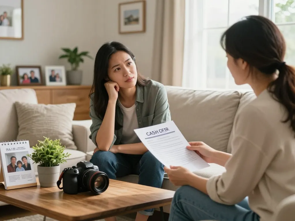 Engaging interaction between a friendly homebuyer and a homeowner discussing fast cash for homes in a cozy living room.