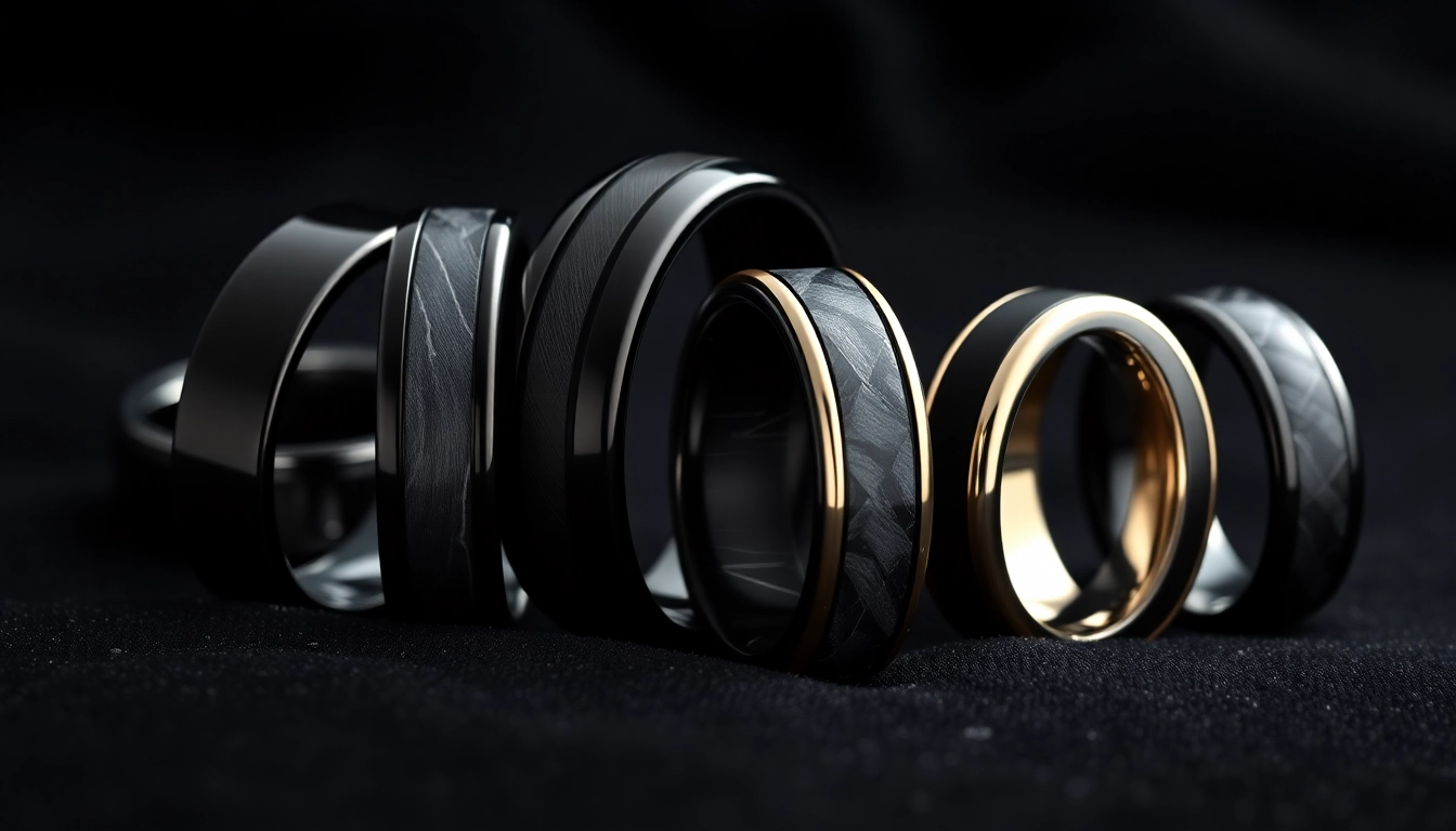 Showcasing elegant Black Wedding Rings for Men featuring various styles and textures, emphasizing sophistication.