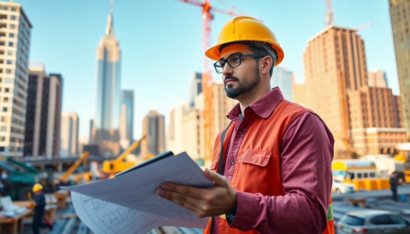 New York Construction Manager analyzing plans and directing projects on an active construction site.