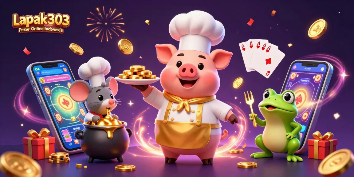 Engage with Lapak303 Poker Online Indonesia as characters celebrate winnings in a vibrant 3D scene.