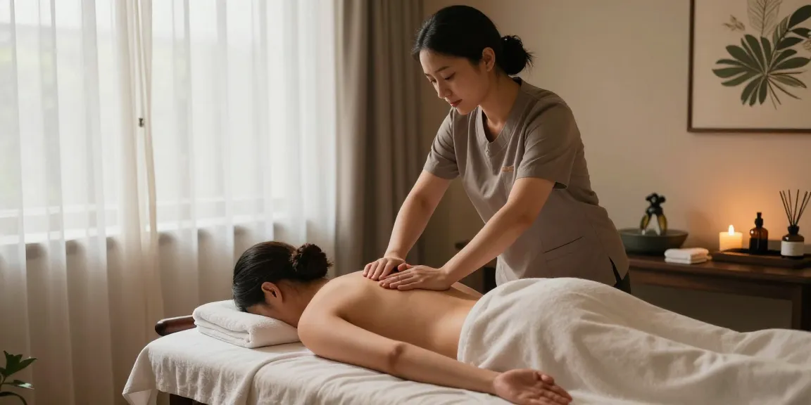 마사지 테라피사와 고객이 편안한 마사지룸에서 아로마 테라피를 받고 있는 모습