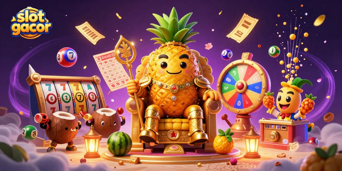 Engage in vibrant gameplay with slot gacor, featuring a golden pineapple king and colorful slot elements in a casino scene.