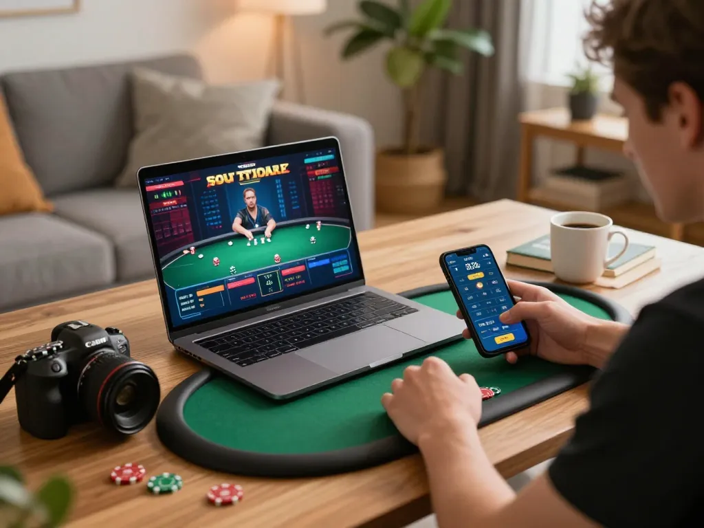 Player enjoying online poker on vidyasewingmachine platform in a cozy home setting