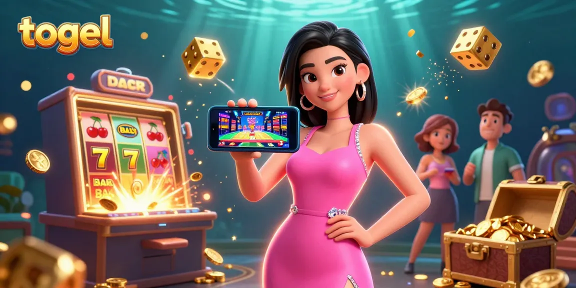 Engage with togel games featuring an Asian woman holding a smartphone in vibrant casino scene.