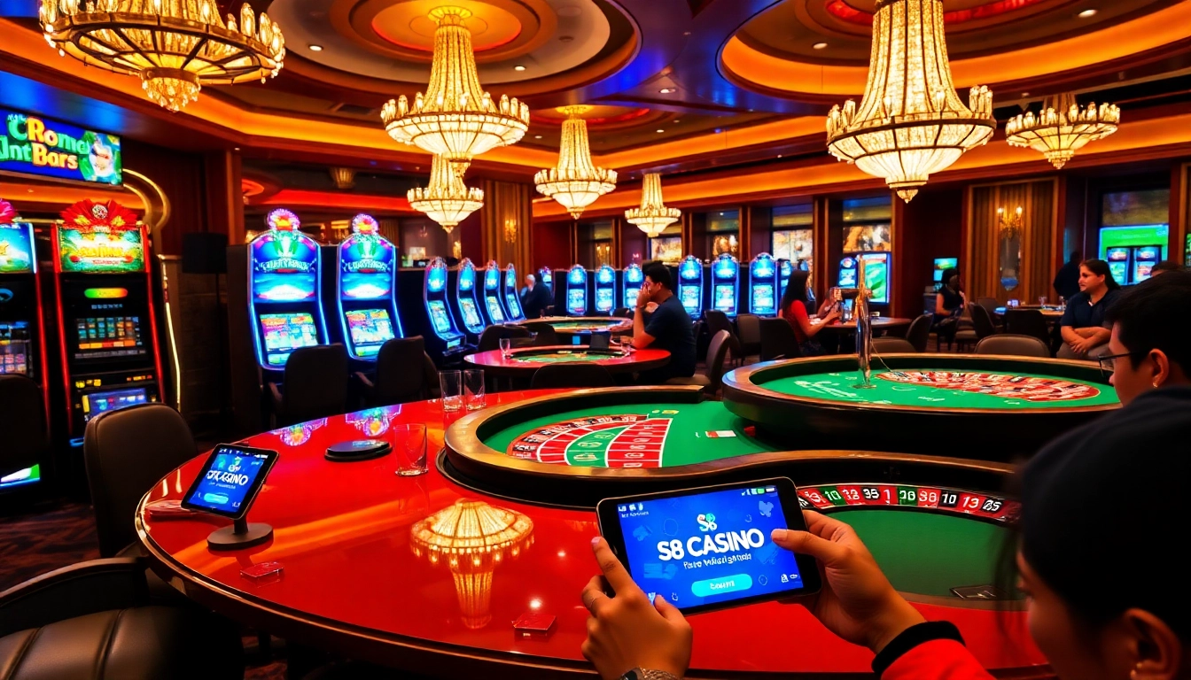 S8 Casino players enjoying vibrant slot machines in a luxurious gaming atmosphere.