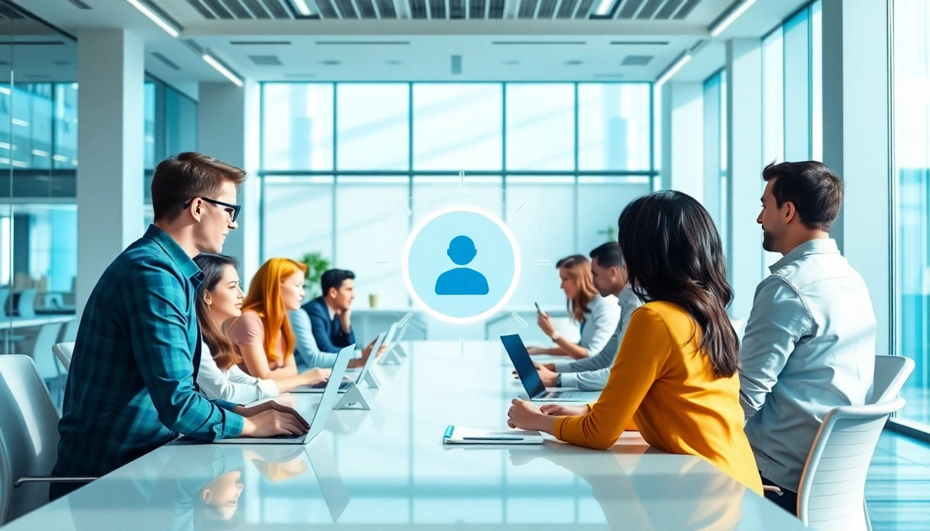 Interactive scene highlighting an enterprise assistant platform facilitating teamwork in a modern office.