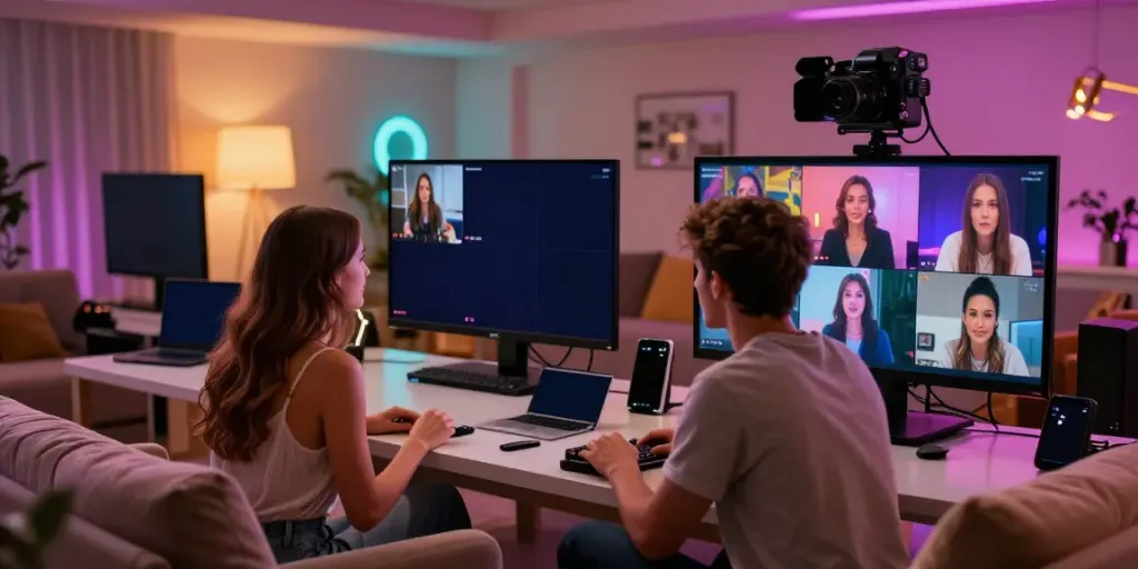Engaging live porn performance with colorful lighting and stylish decor.
