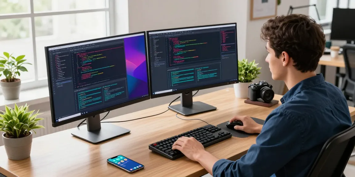 Dynamic tech workspace showcasing coding activities with 纸飞机下载 app notifications, modern office design, and vibrant atmosphere.