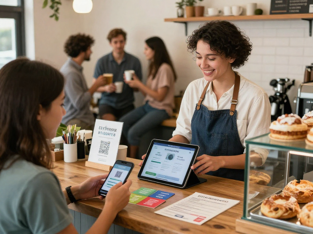 Small business owner showcasing a loyalty program while customers redeem rewards, promoting the benefits of an engaging loyalty program.