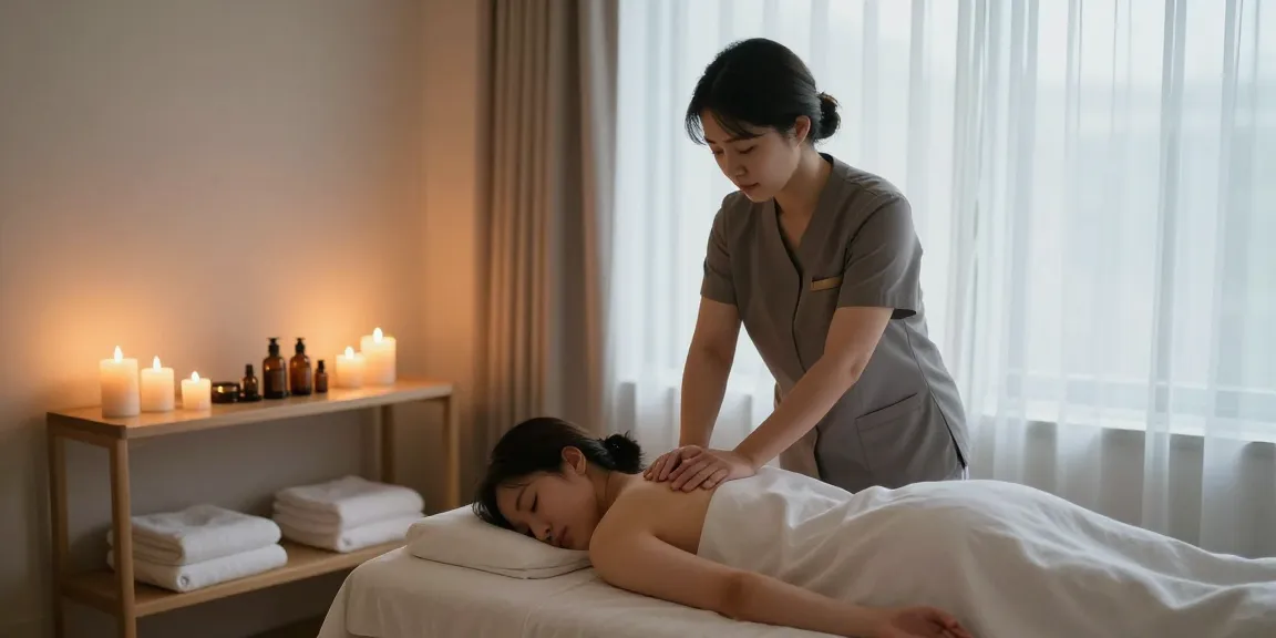 논현동마사지 치료를 받으며 편안한 모습의 고객과 마사지 치료사