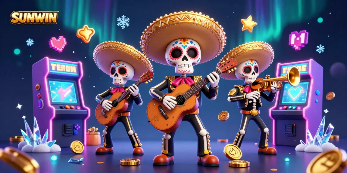 SUNWIN showcases a vibrant 3D collage of casino excitement with Mariachi musicians and retro gaming elements.