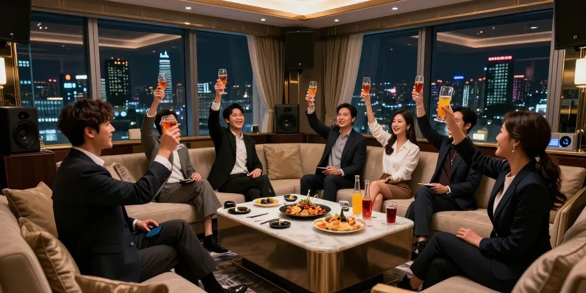 강남가라오케 정찰제 안내를 위한 고급스러운 프라이빗 룸에서 프로페셔널들이 환호하며 축하하는 모습