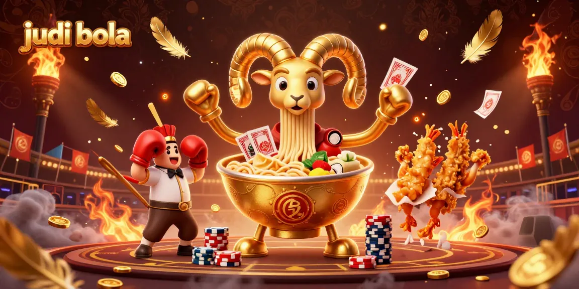 Engage in judi bola with a dynamic 3D illustration of a golden ramen bowl dealer and cheerful characters.