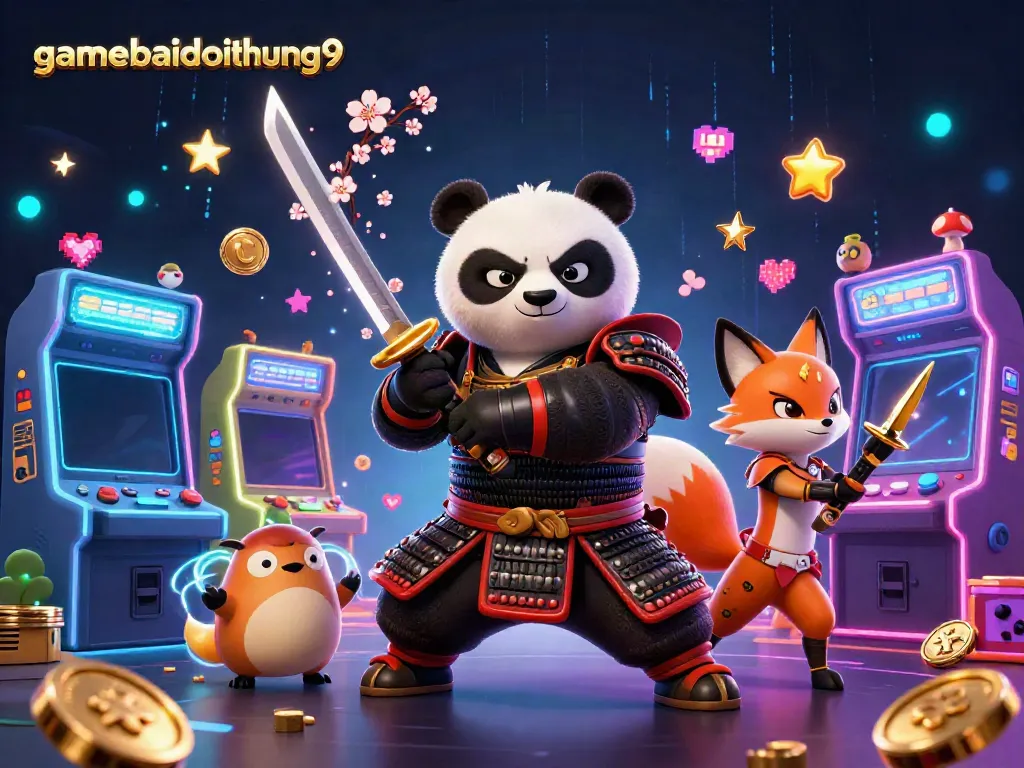 Engage in thrilling gameplay with gamebaidoithuong9, illustrated via an energetic scene featuring a samurai panda and ninja fox.