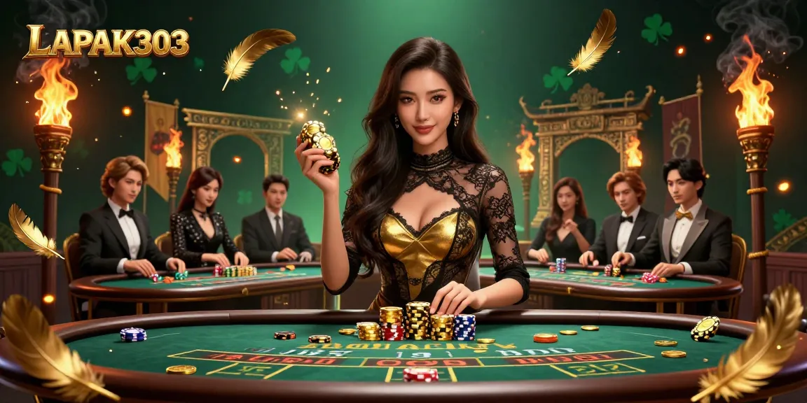 Engage with LAPAK303's exclusive baccarat experience, showcasing a confident player at a VIP table.