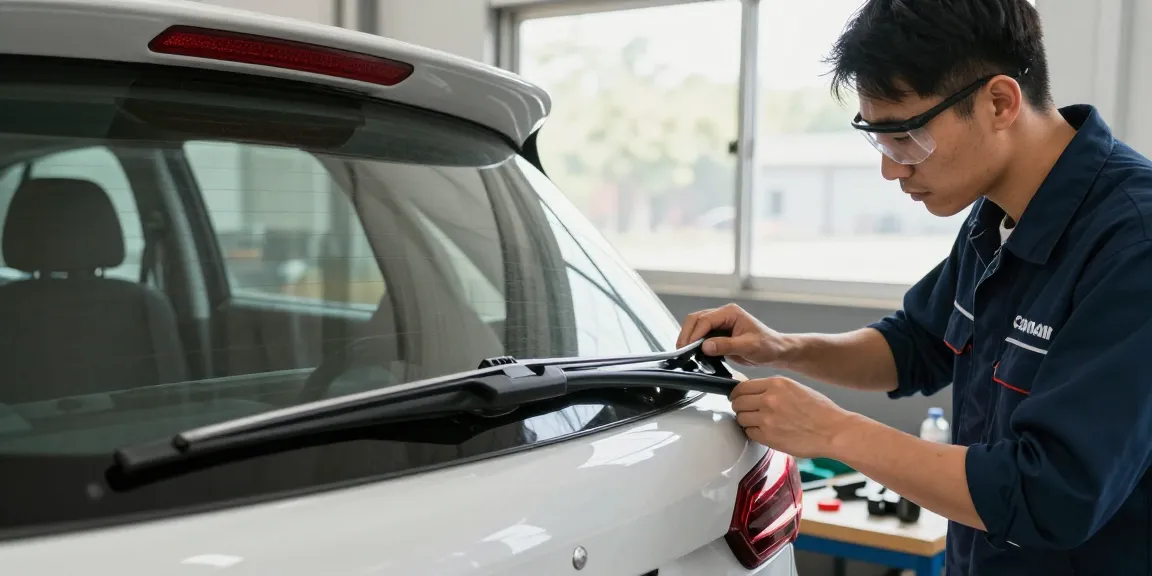Close-up of a technician inspecting a rear wiper blade installation for optimal visibility and performance.