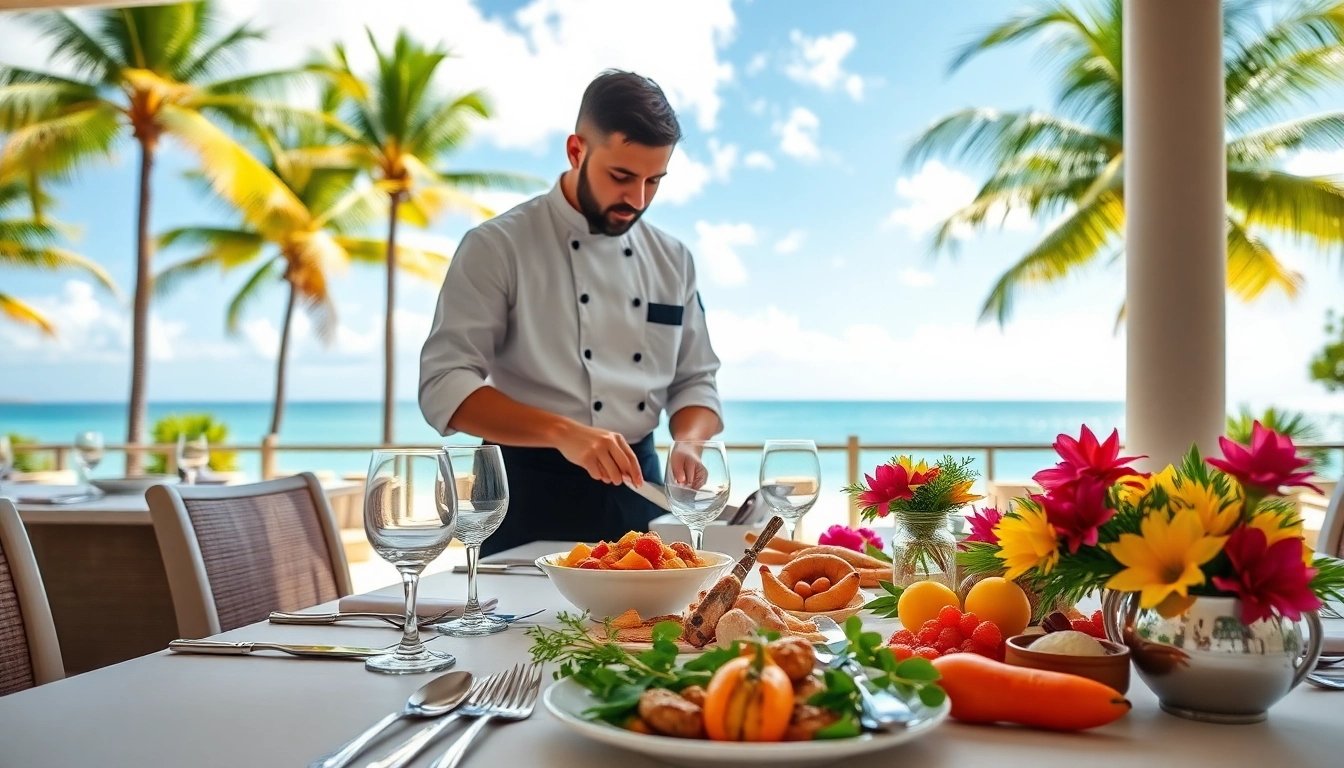 St Martin Private Chef cooking a gourmet meal in a luxurious beach villa setting.