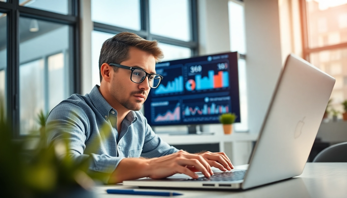 Anbieter suchmaschinenoptimierung - SEO consultant analyzing website performance in a bright, modern office.