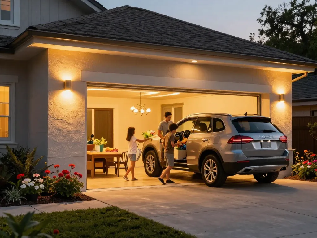 Outdoor garage lights brightly illuminating a stylish home garage during twilight.