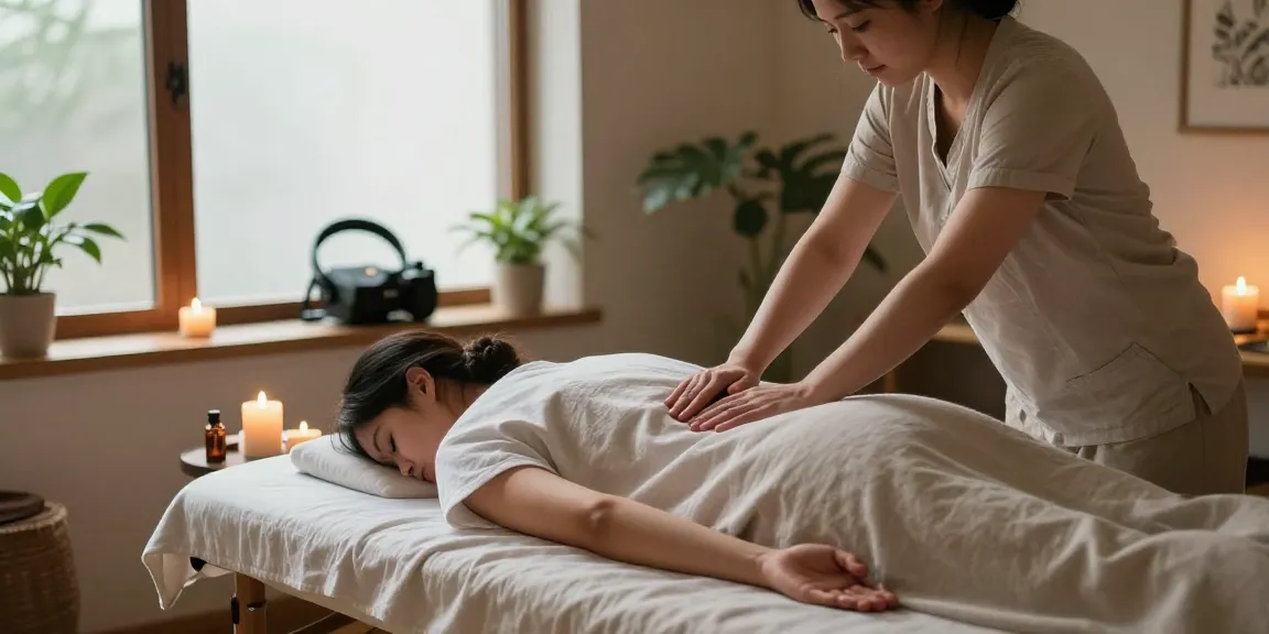 마사지 중인 고객과 마사지사를 보여주는 편안한 치료실