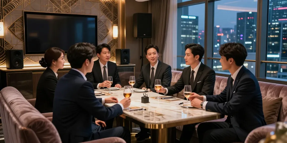 강남쩜오 고급 가라오케 라운지에서 비즈니스 미팅 중인 전문 인물들