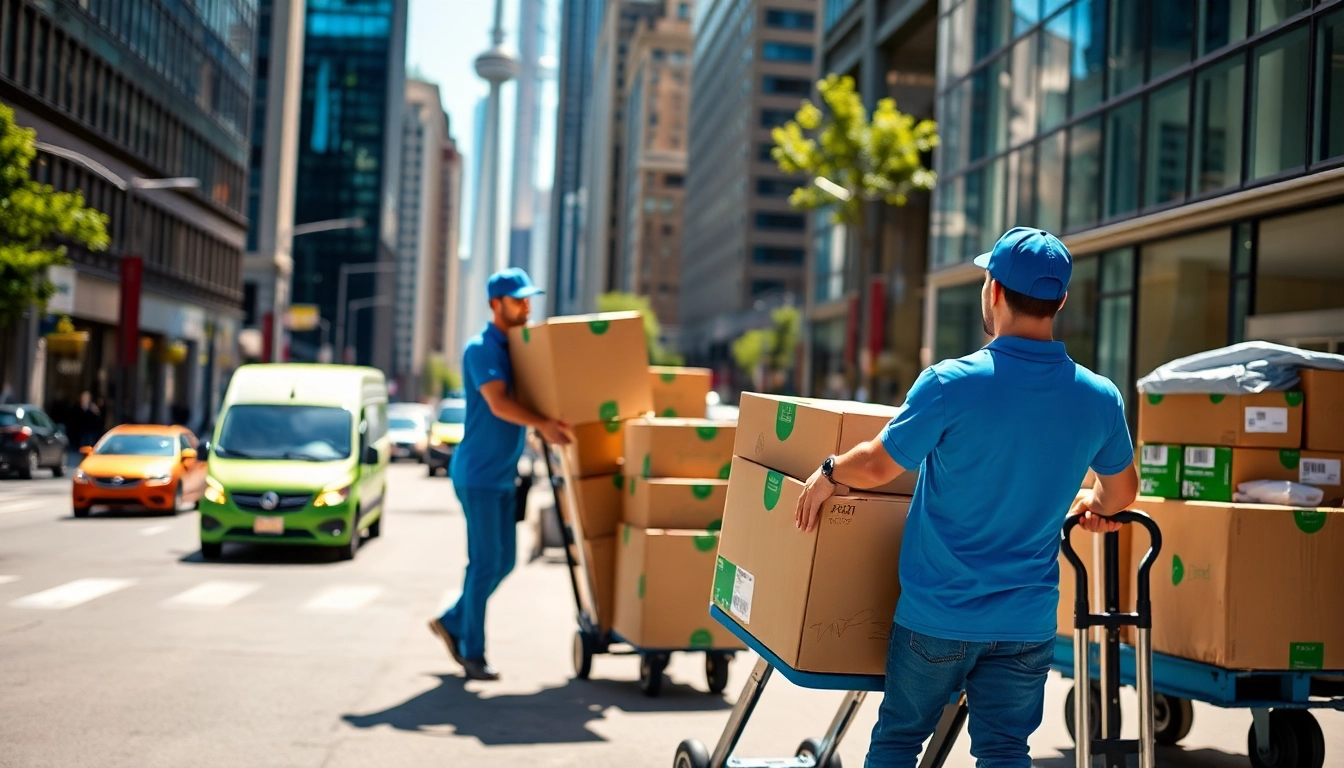 Toronto movers efficiently transporting boxes through a vibrant cityscape.