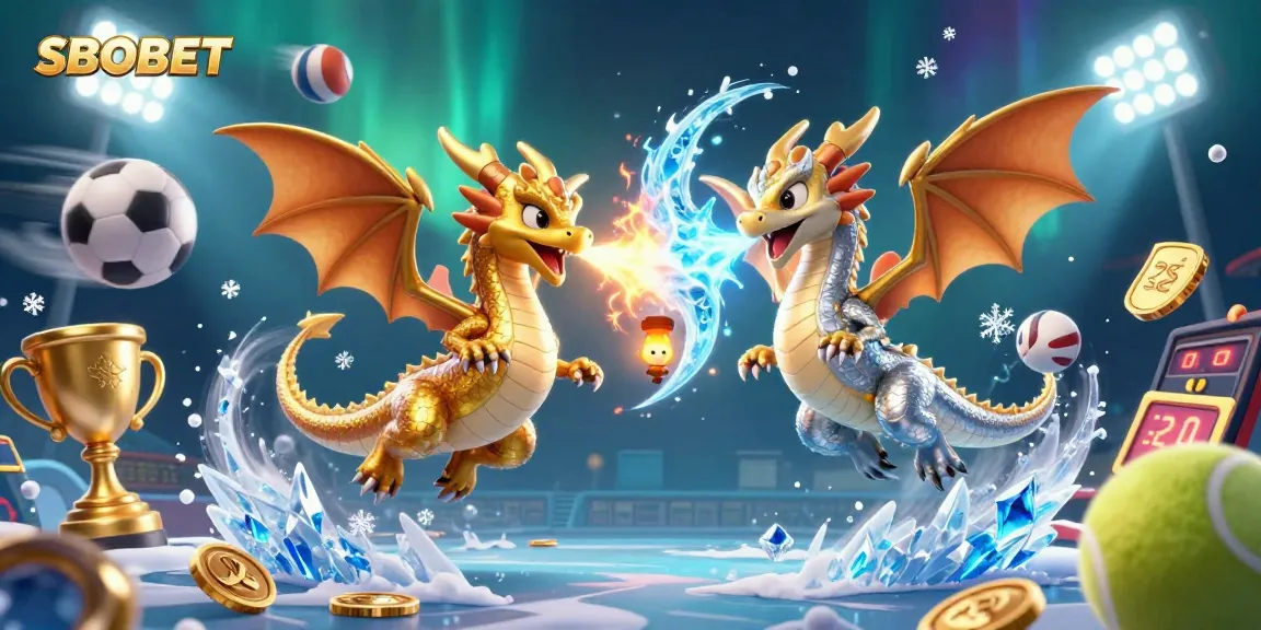 SBOBET offers thrilling sports betting action with dynamic sports elements in an enchanting dragon scene.