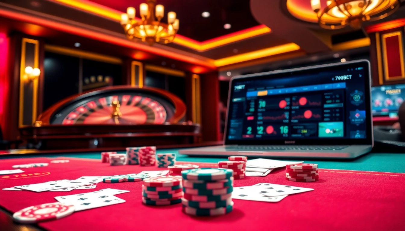Gambling table with cards and chips highlighting 789BET online betting excitement.