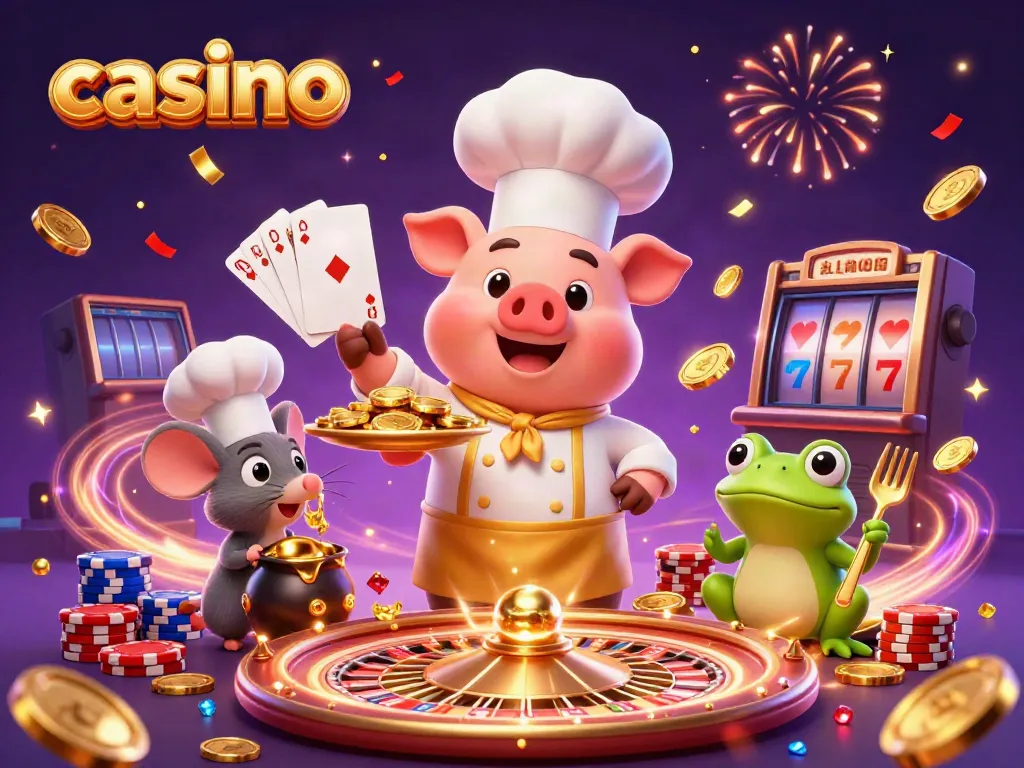 Experience the excitement of the casino with a vibrant scene featuring a pig chef, mouse, and frog amidst gold coins.