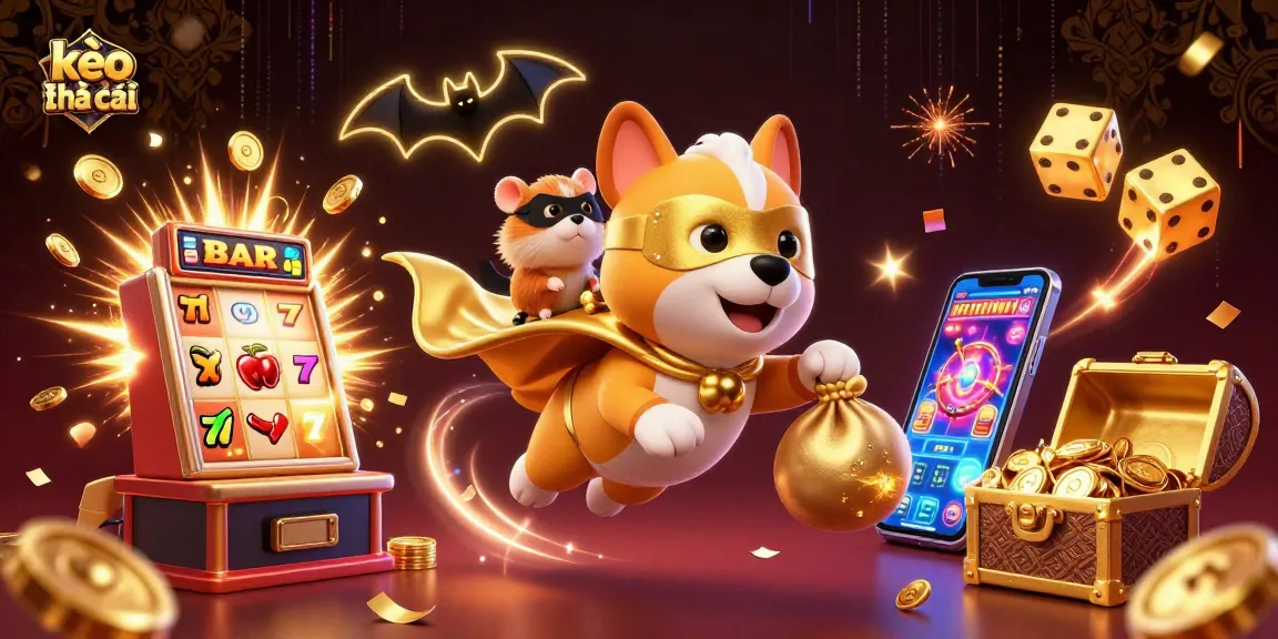 Engage in betting with kèo nhà cái, depicted by a superhero dog carrying a bag of gold coins.