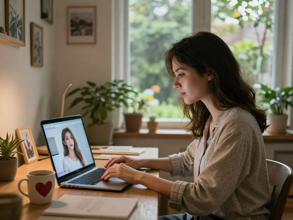 Engaging with a lifelike girlfriend AI in a cozy home office, enhancing digital connection.