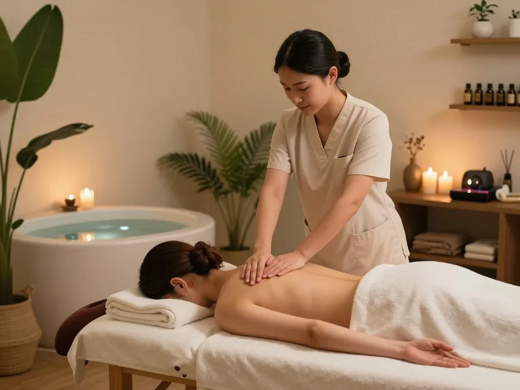 Serene scene of 서초스웨디시 massage therapy with therapist and client in a calming spa.