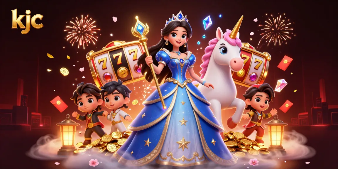 KJC delivers exciting jackpot wins with a stunning royal blue princess alongside a unicorn and vibrant gambling visuals.