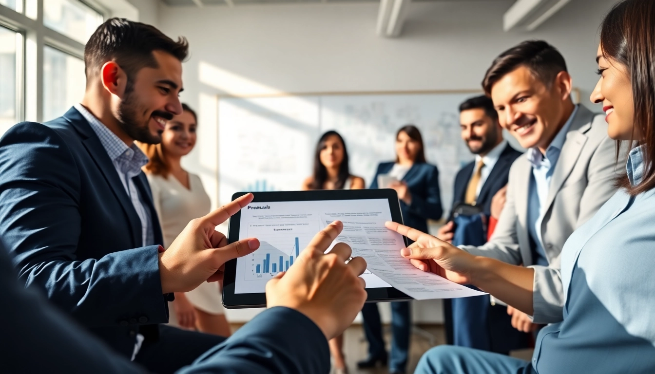 Collaborative team focusing on Proposal Writing and Management in a bright, professional office.