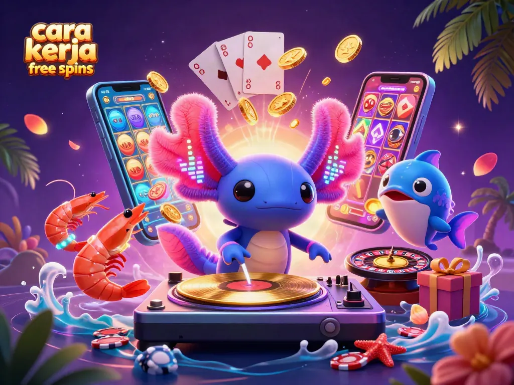 Memahami cara kerja free spins dengan ilustrasi pemandangan kasino digital yang penuh warna dan elemen permainan judi.