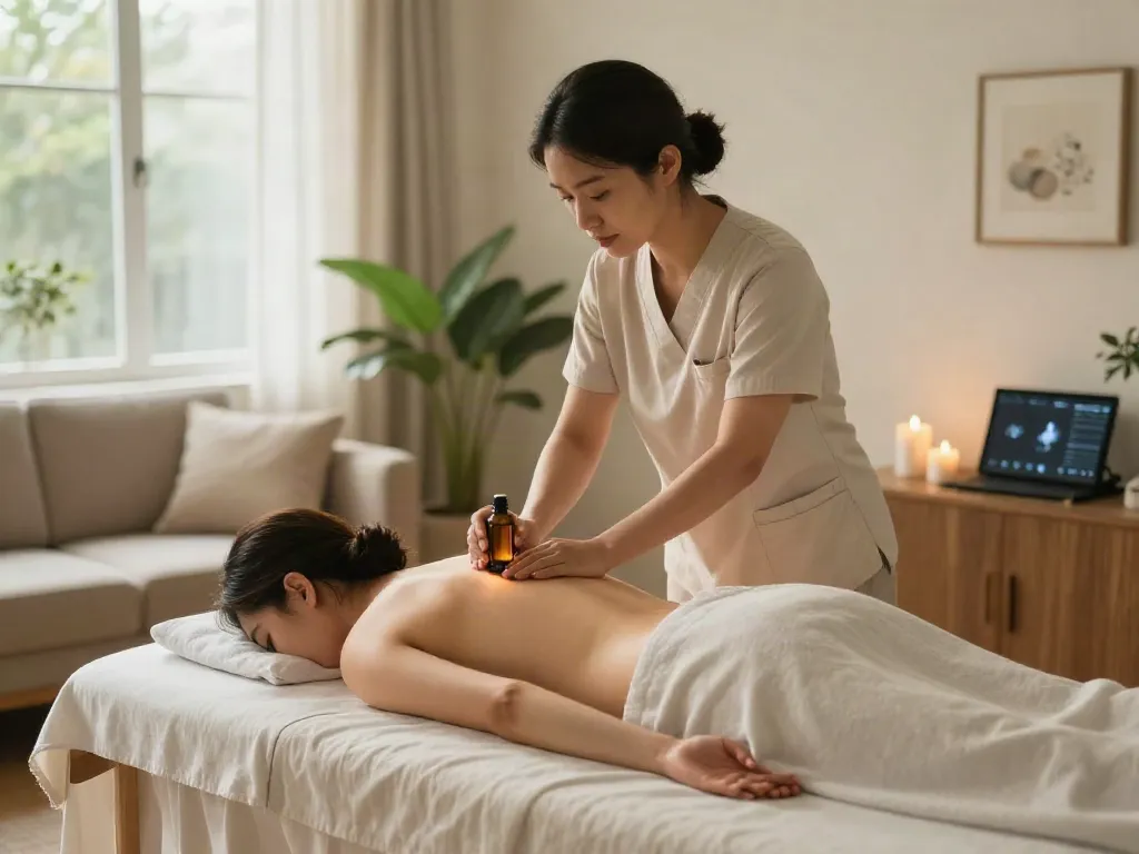 Calming 용인출장마사지 scene with a therapist providing relaxation in a cozy home setting.