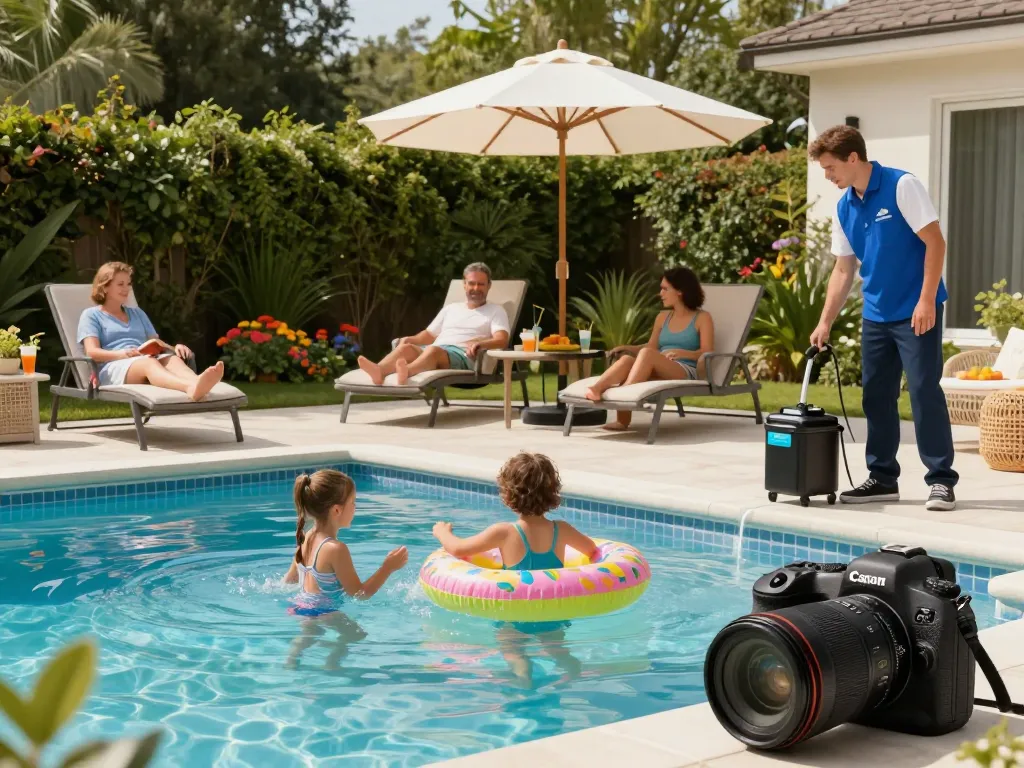 Dolphin Pool Services providing expert maintenance as a family enjoys their pristine pool on a sunny day.
