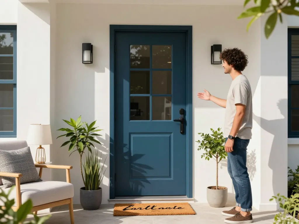 Einladende Haustür an einem modernen Zuhause, einladende Atmosphäre mit einem freundlichen Gastgeber.