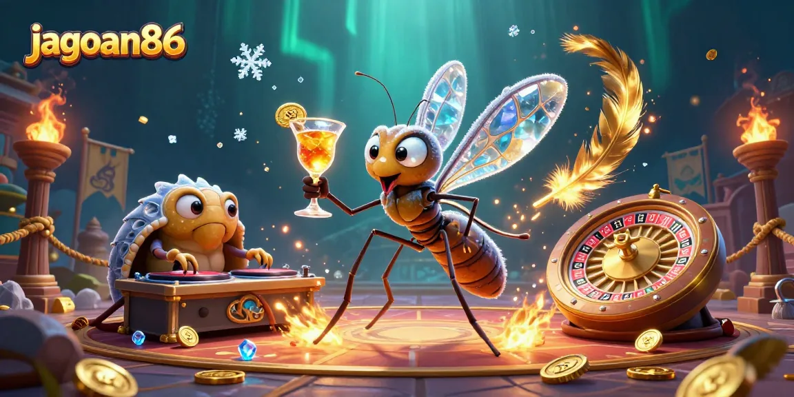Join the excitement with jagoan86 mascot in a vibrant casino scene featuring unique characters and dynamic gaming elements.