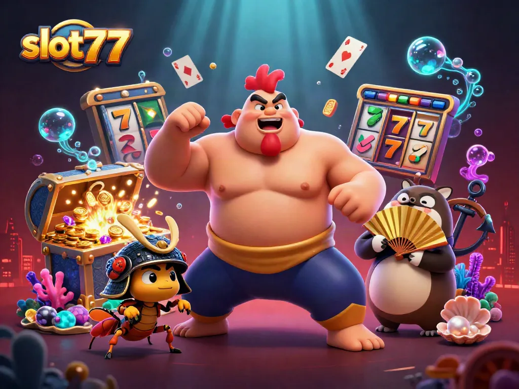 Memenangkan simbol slot777 dengan kekuatan kartun rooster sumo beraksi mengelilingi koin emas dan perhiasan.
