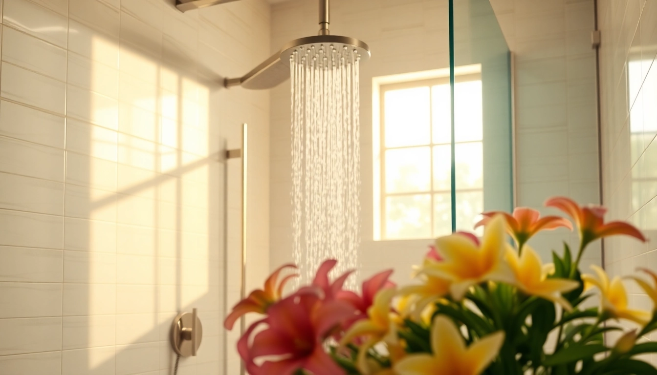 Experience elegant showers in a luxurious bathroom featuring a rainfall showerhead and chic tiles.