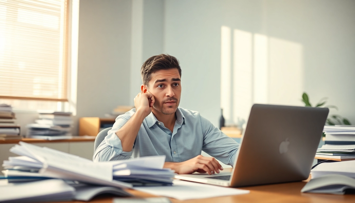 Illustrating brain fog, a person appears puzzled at their cluttered desk, highlighting confusion.