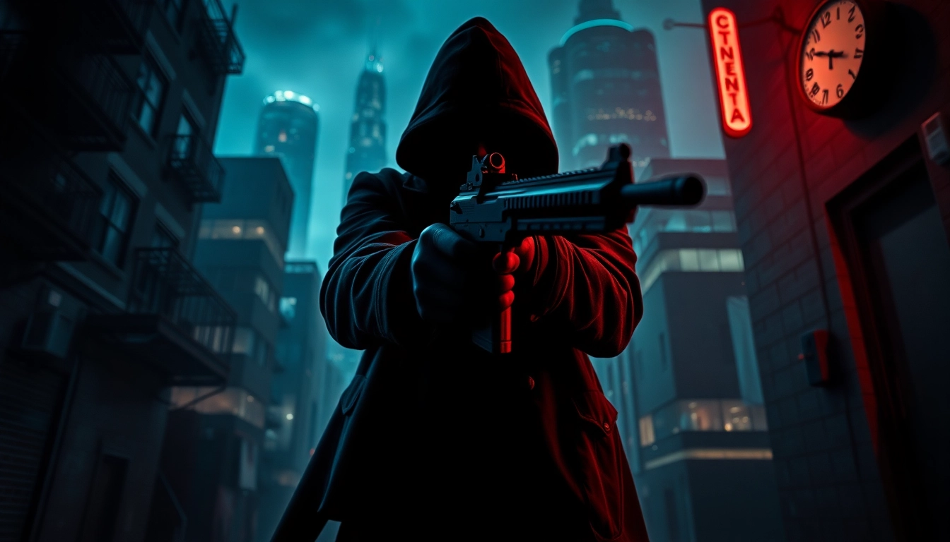 Engaging scene depicting Contracts and Bullets with a shadowy assassin in an urban setting.