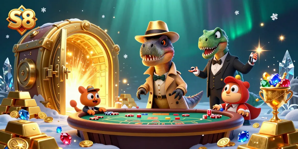 S8 features a card-counting velociraptor playing blackjack while a stegosaurus pit boss watches, showcasing casino gameplay.