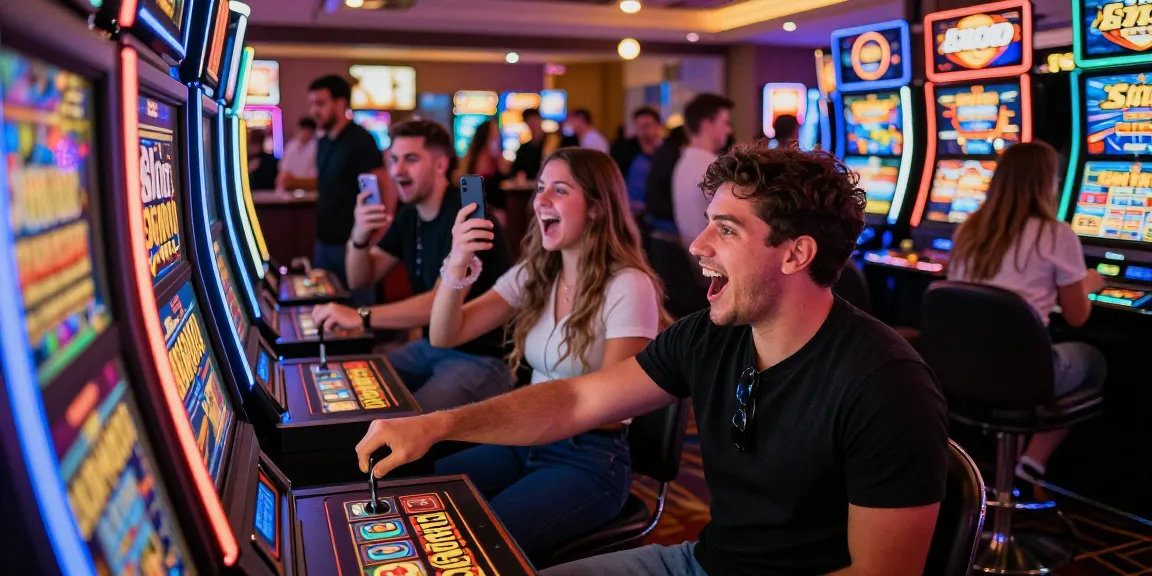 Slot 5000 excitement captured as friends celebrate around a high-stakes slot machine, showcasing vibrant casino atmosphere.